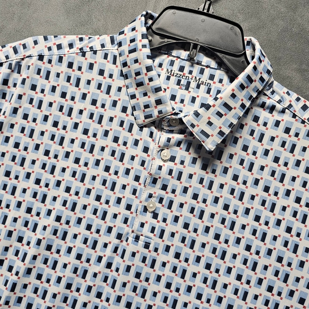 Mizzen+Main Mens Large Trim Polo Shirt Blue‎ Geometric Grid Performance 1KS-1663
